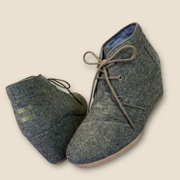 TOMS Womens Size 7 Wedge Heel Ankle Boots Desert Taupe Olive Herringbone Fabric - Picture 2 of 12